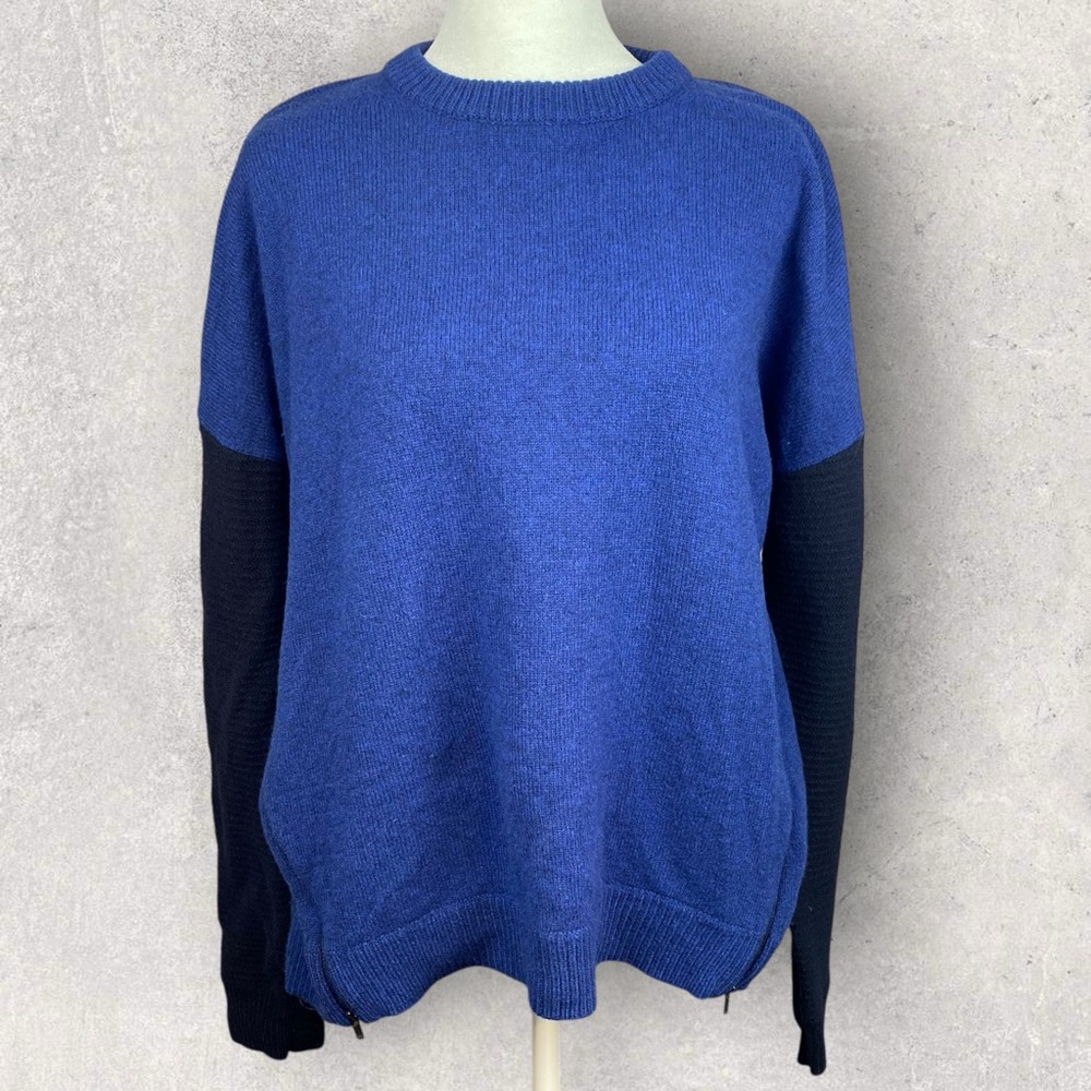 J Crew Sweater Womens XL Blue Crewneck Side Zip 100% Wool Pullover Classic‎